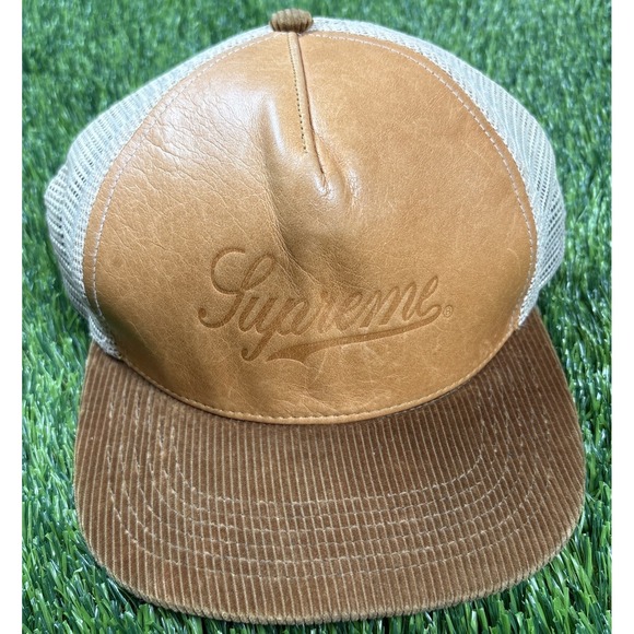 Supreme Leather Dome Corduroy Bill Cap Hat SnapBack Trucker Brown EUC
